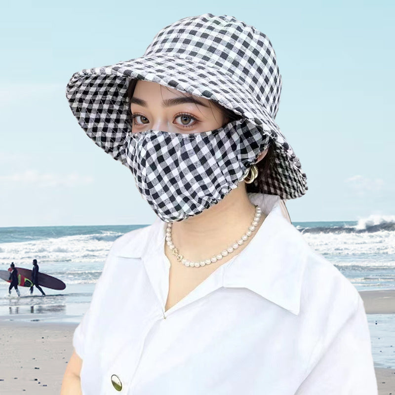 Blomstret solhatt med stor skygge og maske