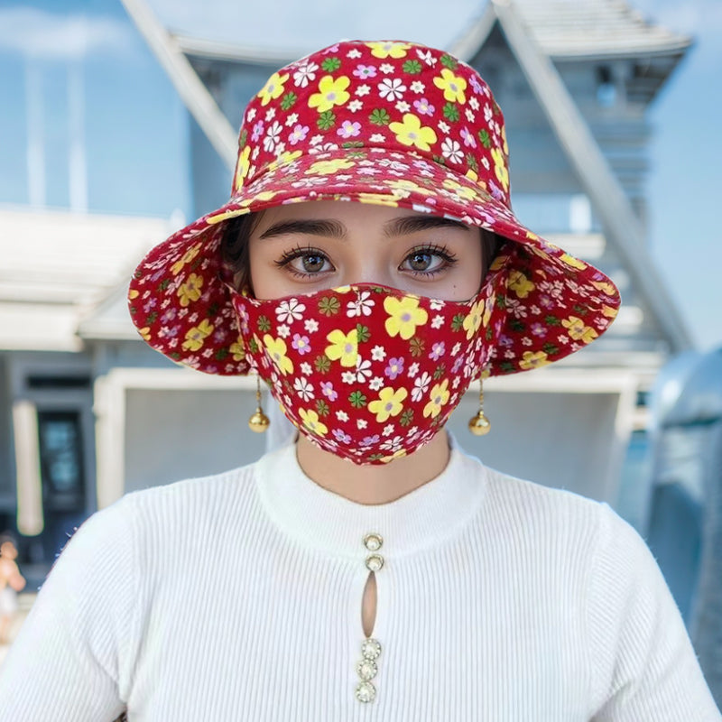 Blomstret solhatt med stor skygge og maske