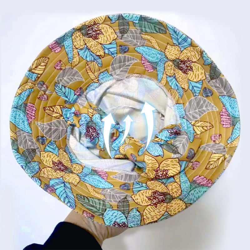 Blomstret solhatt med stor skygge og maske