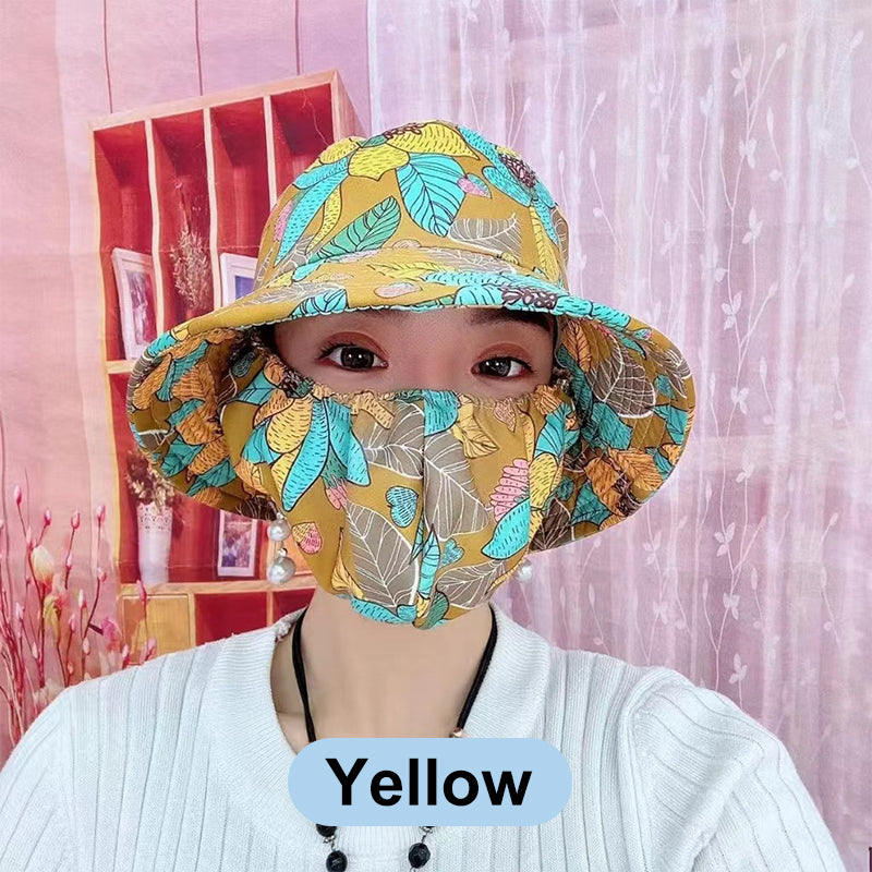 Blomstret solhatt med stor skygge og maske