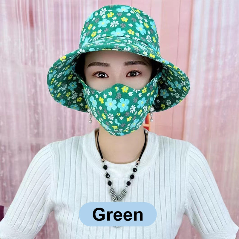 Blomstret solhatt med stor skygge og maske