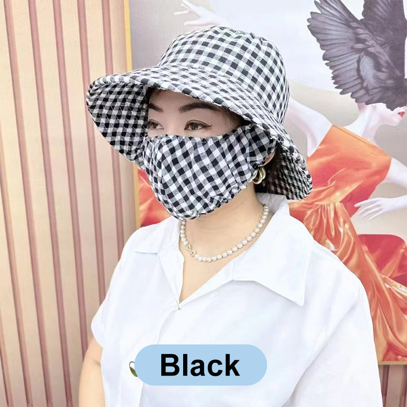 Blomstret solhatt med stor skygge og maske