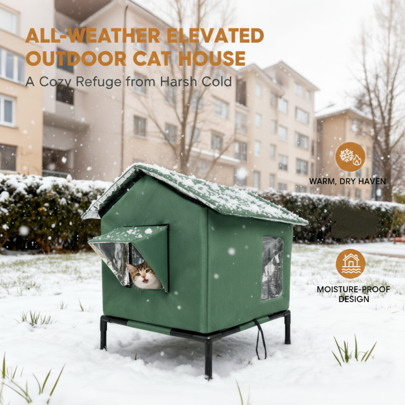 ☔ Allværs, forhøyet utendørshus for katter – vanntett, isolert og sammenleggbart – perfekt for utekatter hele året 🏠