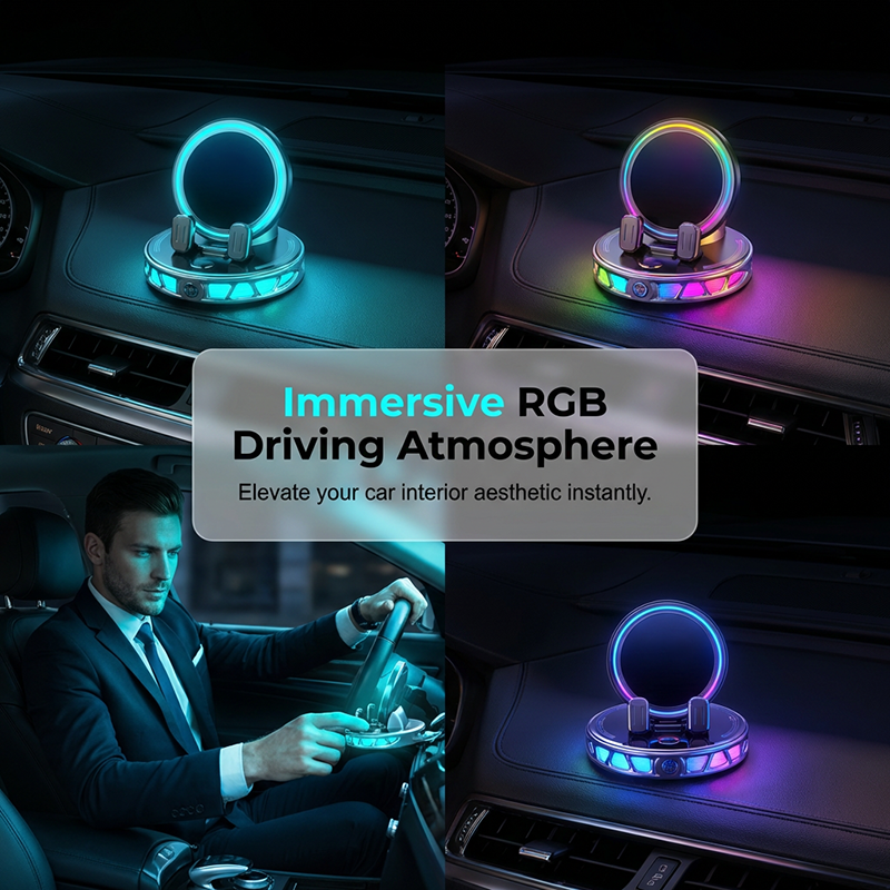 📱 RGB-telefonholder til bilen ✅ Automatisk festing og trådløs lading | Sikker kjøring med én hånd 🚗
