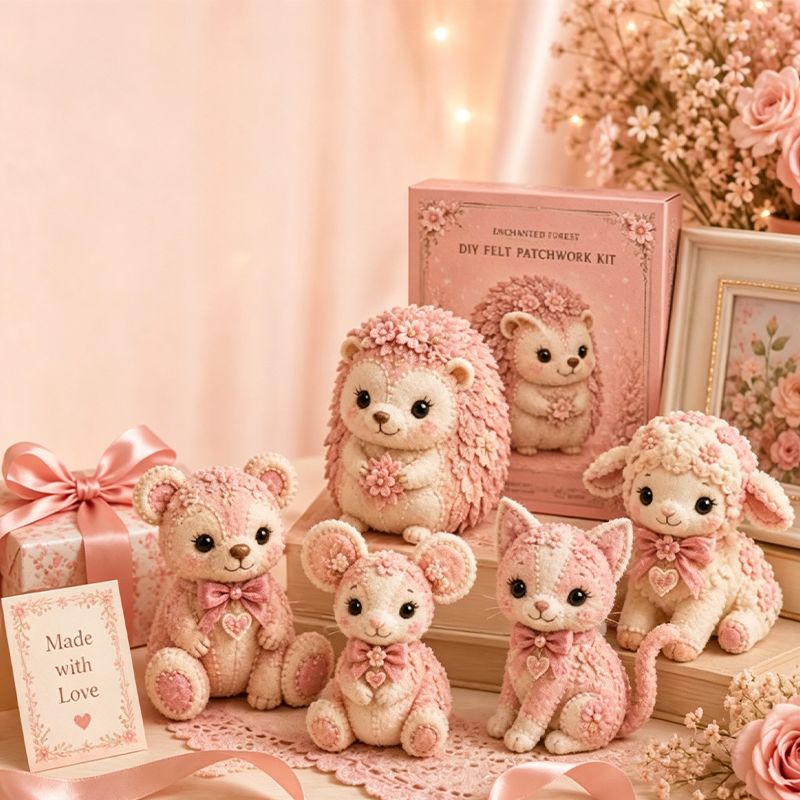 🎀49 % RABATT🎁DIY-kit för lapptäcke i filt: ”Pink Enchanted Forest”