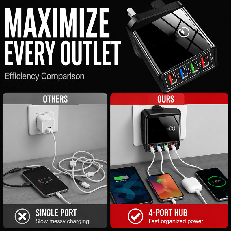 Lad opp 4 enheter på et øyeblikk! Brannsikker USB-hub som ikke blir overopphetet