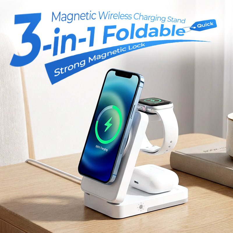 📱 3‑i‑1 trådløs lader – til telefon, klokke og ørepropper. Foldebar, magnetisk, nattlys! 🔋✨
