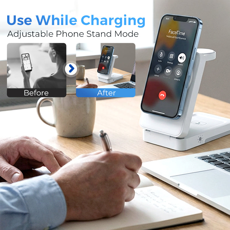 📱 3‑i‑1 trådløs lader – til telefon, klokke og ørepropper. Foldebar, magnetisk, nattlys! 🔋✨