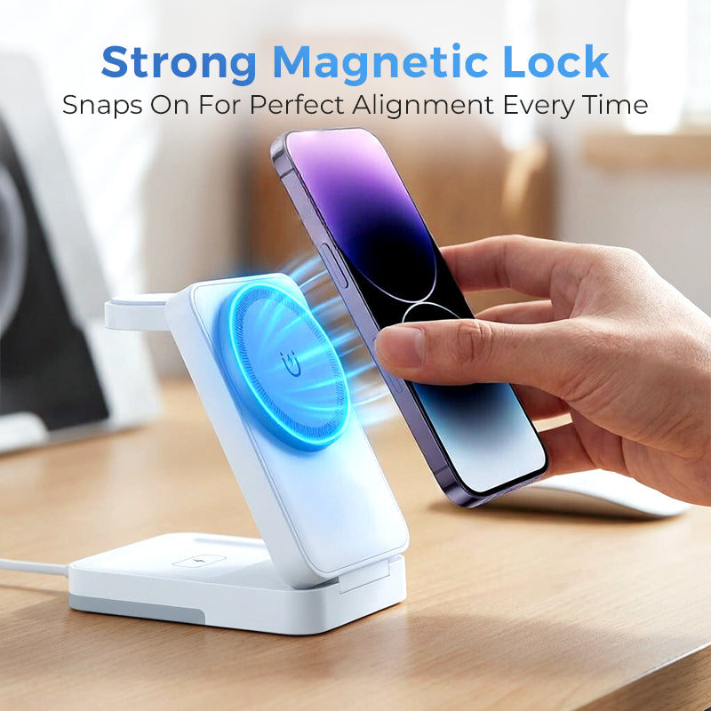 📱 3‑i‑1 trådløs lader – til telefon, klokke og ørepropper. Foldebar, magnetisk, nattlys! 🔋✨