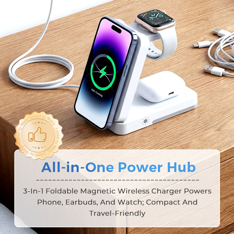 📱 3‑i‑1 trådløs lader – til telefon, klokke og ørepropper. Foldebar, magnetisk, nattlys! 🔋✨