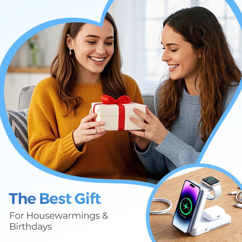 📱 3‑i‑1 trådløs lader – til telefon, klokke og ørepropper. Foldebar, magnetisk, nattlys! 🔋✨