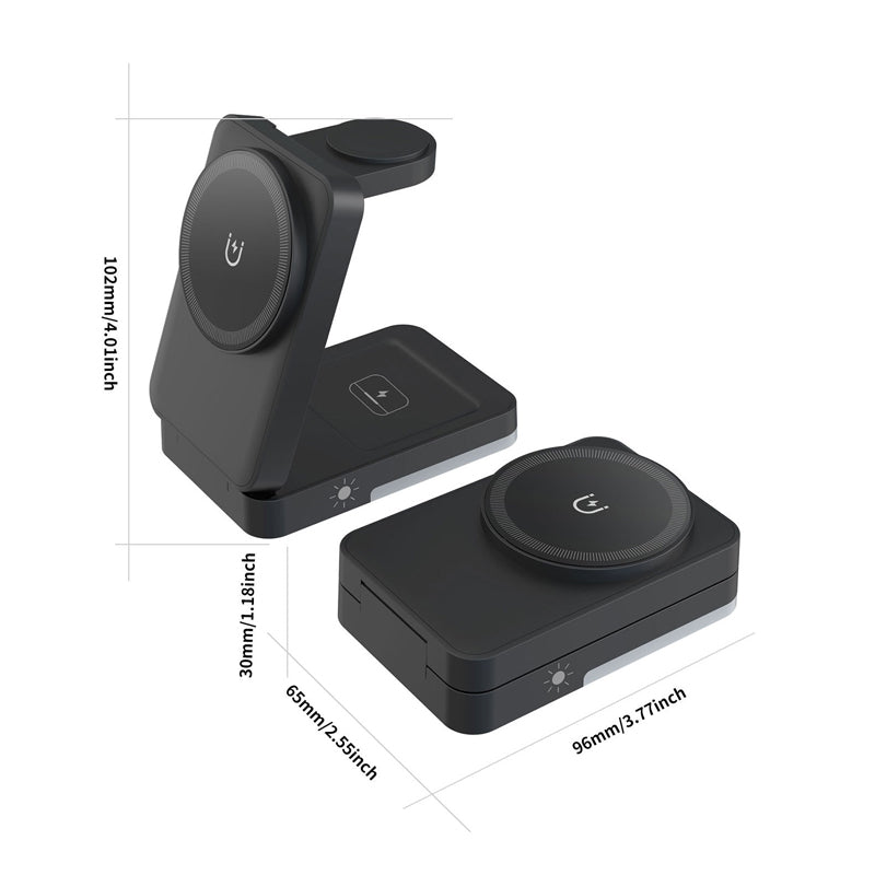 📱 3‑i‑1 trådløs lader – til telefon, klokke og ørepropper. Foldebar, magnetisk, nattlys! 🔋✨