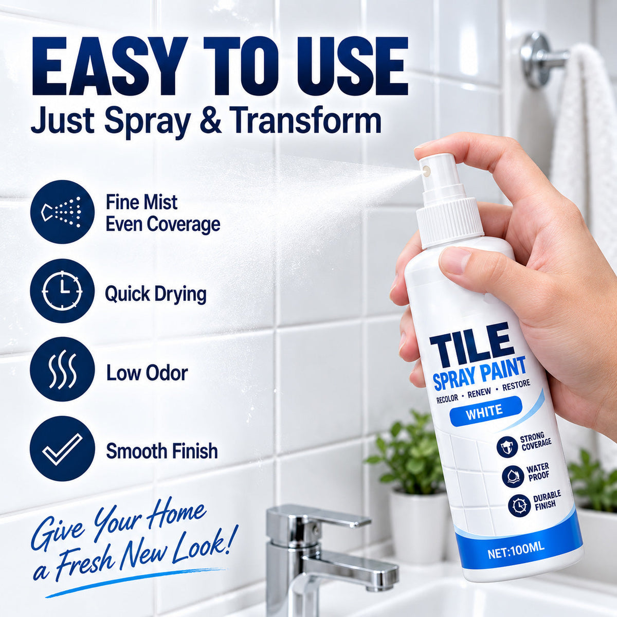 🚿 50% RABATT – Spraymaling for fliser – fornyer falmede og gulnede flater – dekker misfarging – for bad, kjøkken og vaskesoner