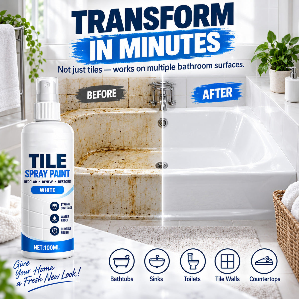 🚿 50% RABATT – Spraymaling for fliser – fornyer falmede og gulnede flater – dekker misfarging – for bad, kjøkken og vaskesoner