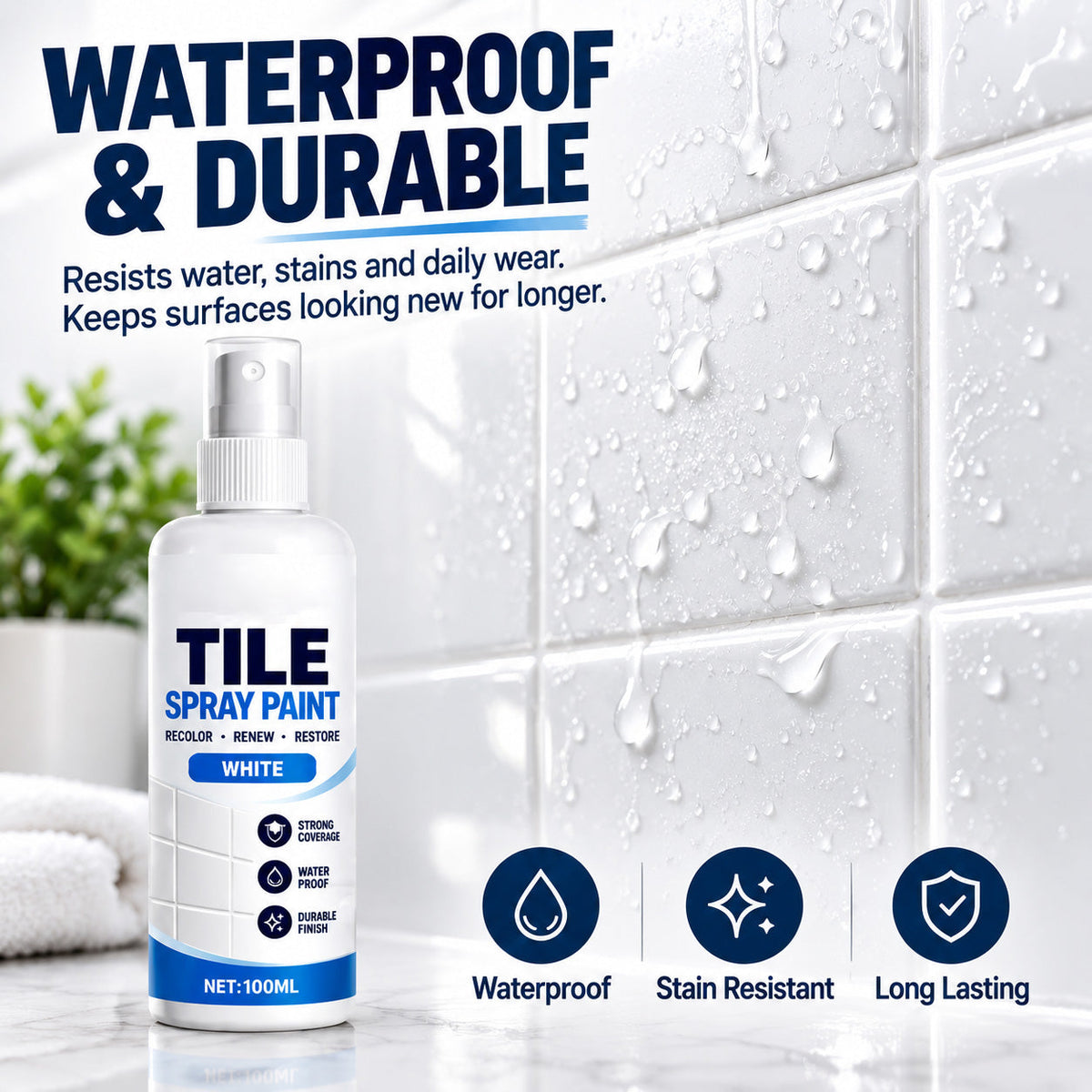 🚿 50% RABATT – Spraymaling for fliser – fornyer falmede og gulnede flater – dekker misfarging – for bad, kjøkken og vaskesoner
