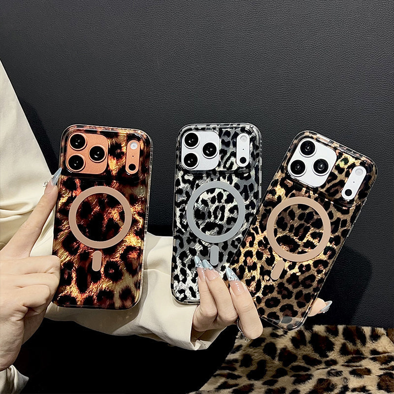 Mobiltelefondeksel med magnet og leopardmønster