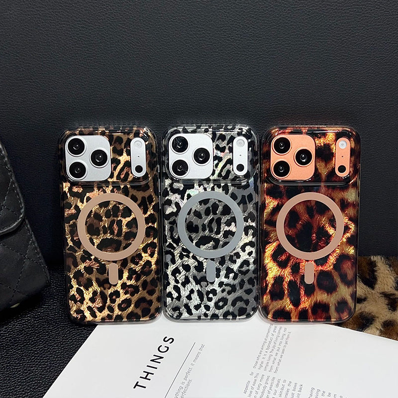 Mobiltelefondeksel med magnet og leopardmønster
