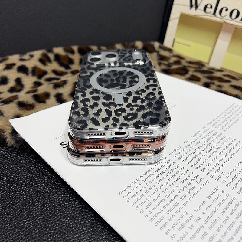Mobiltelefondeksel med magnet og leopardmønster