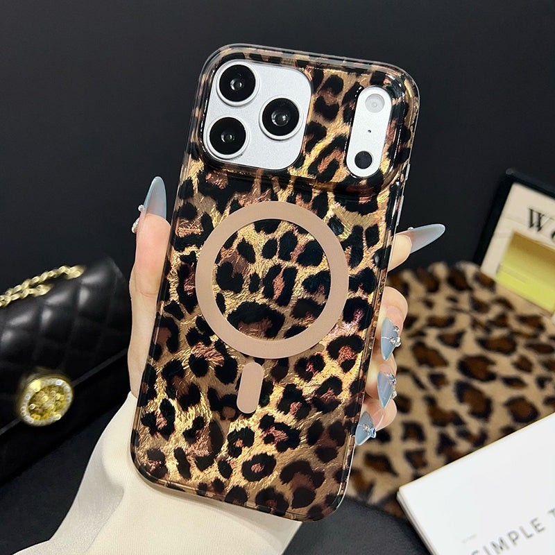 Mobiltelefondeksel med magnet og leopardmønster