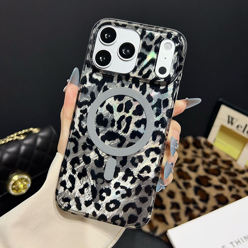Mobiltelefondeksel med magnet og leopardmønster