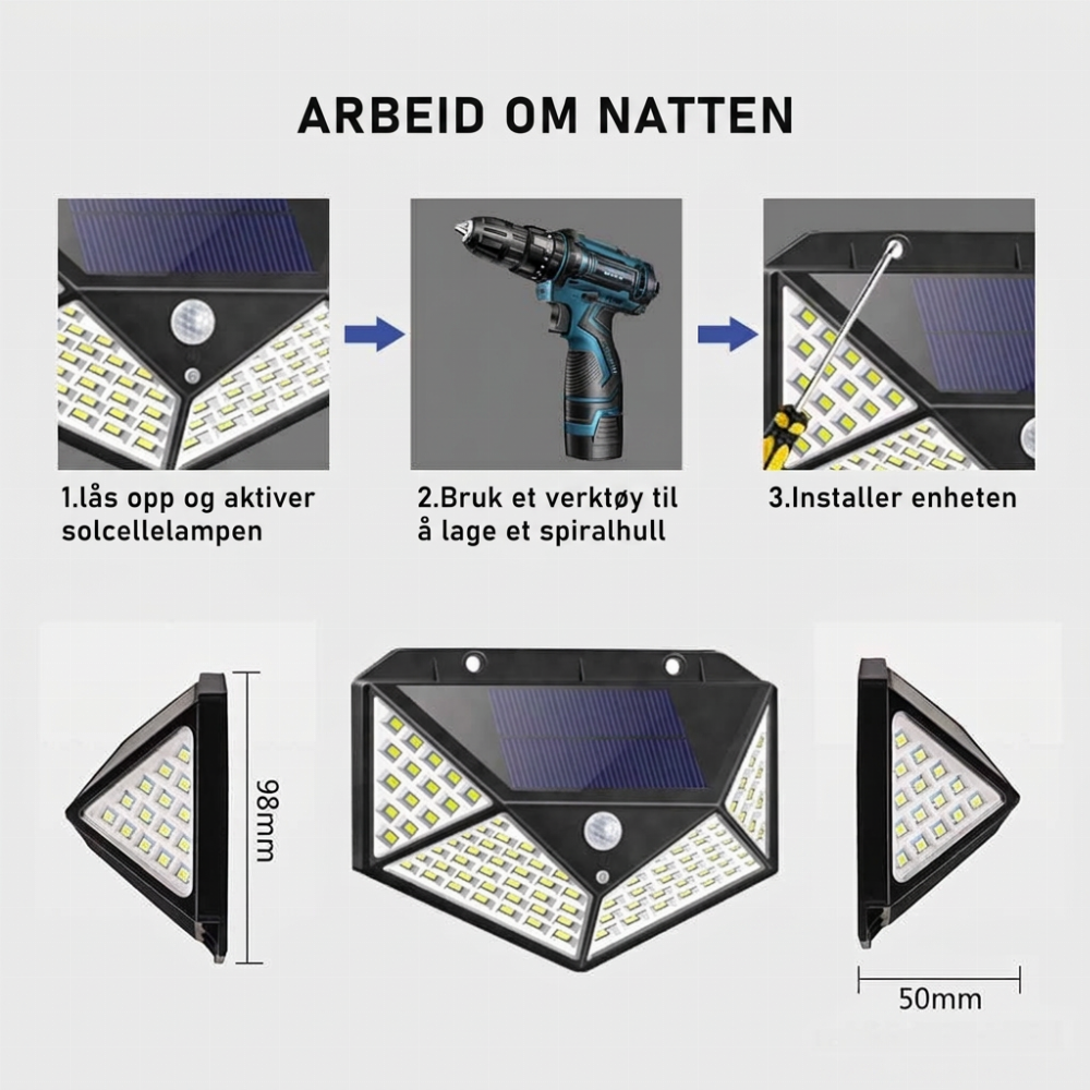 🔥 NÅ: 50 % RABATT I EN BEGRENSET PERIODE – Solcelledrevet vegglampe med bevegelsessensor – 140 supersterke LED-lys – IP65 vanntett – Enkel installasjon 🌞✨🛡️