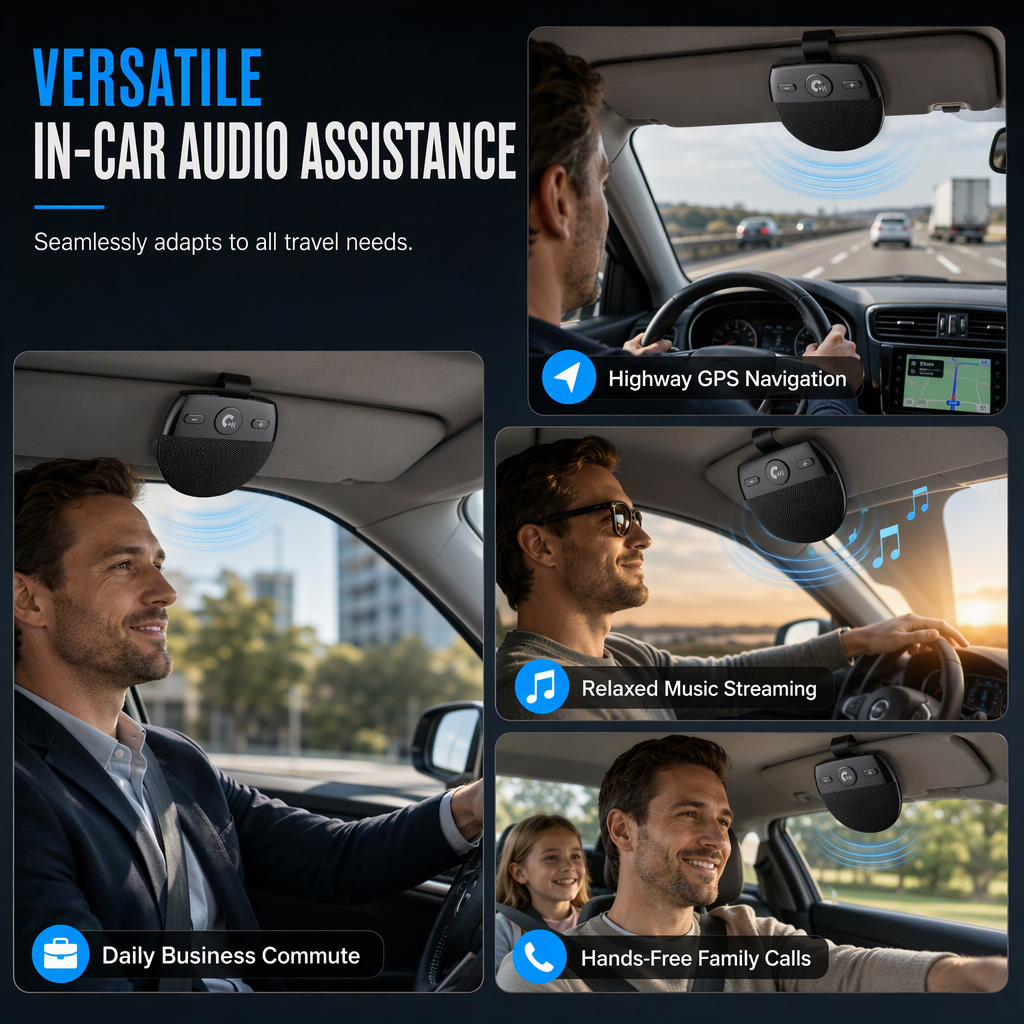 📢📢 56 % RABATT🚗 SP11 håndfri Bluetooth-høyttaler for solskjerm i bil med vibrasjonsaktivert autostart, A2DP-støtte og stemmestyrt oppringing