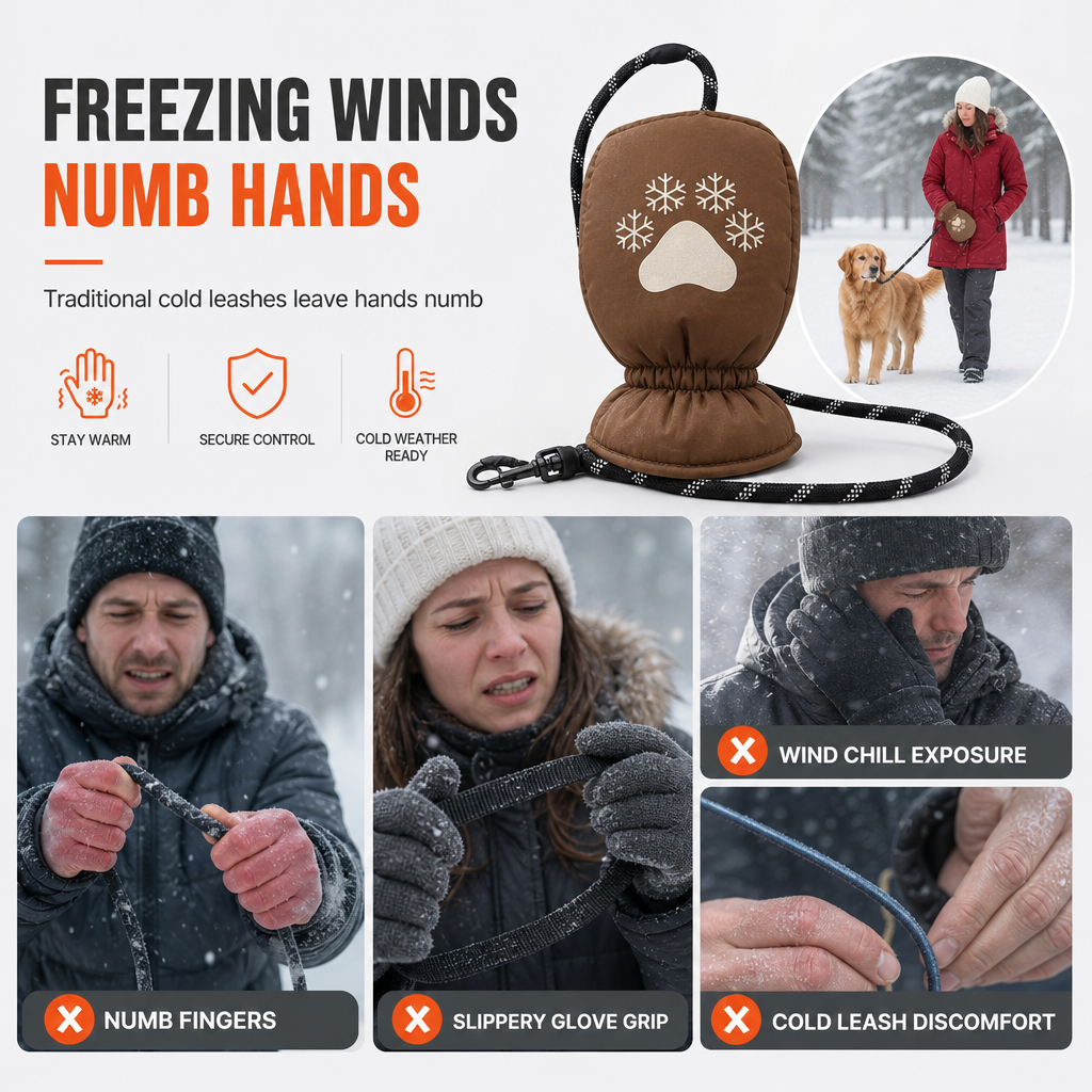 Vinterhundebånd med innebygd varm hanske for turer i kaldt vær