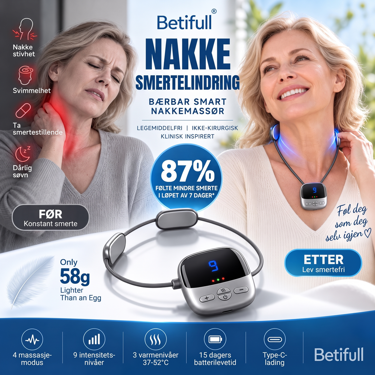 🔥50 % rabatt🔥💞50K+ solgt! 🧘‍♀️💆 50% rabatt! Halsmassasjehenger – bærbar design, 3 varmenivåer og 9 intensiteter smelter bort stivhet. Ingen flere smertestillende – milde elektriske pulser avslapper dypt nakkemuskler naturlig! 🔥💚