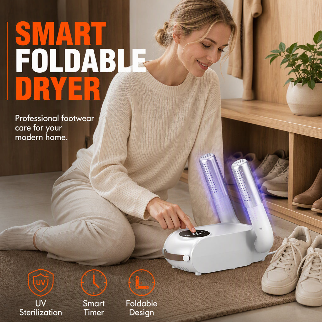 Sammenleggbar skotørker med smart timer og UV-lys